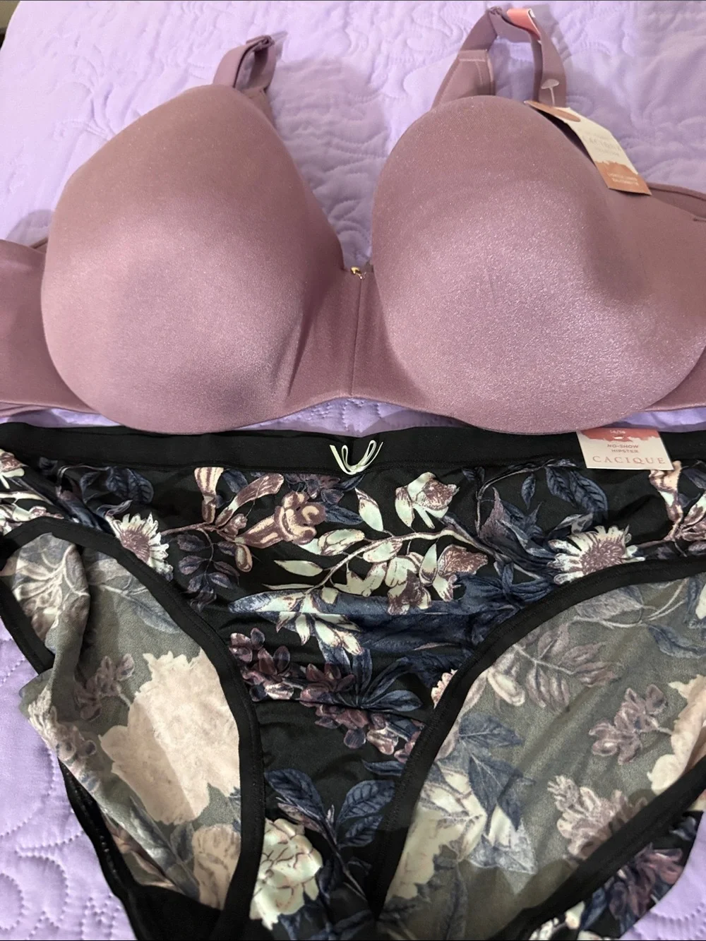 Cacique Mauve/Purple Padded Back SmotherBra with Black Floral Sheer Bikini Brief